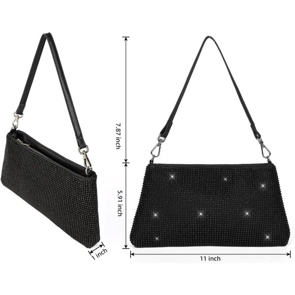 ⚡  Women's Beautiful Rhinestone Black Sparkly Handle Chain Evening Clutch Bag - Picture 4 of 8